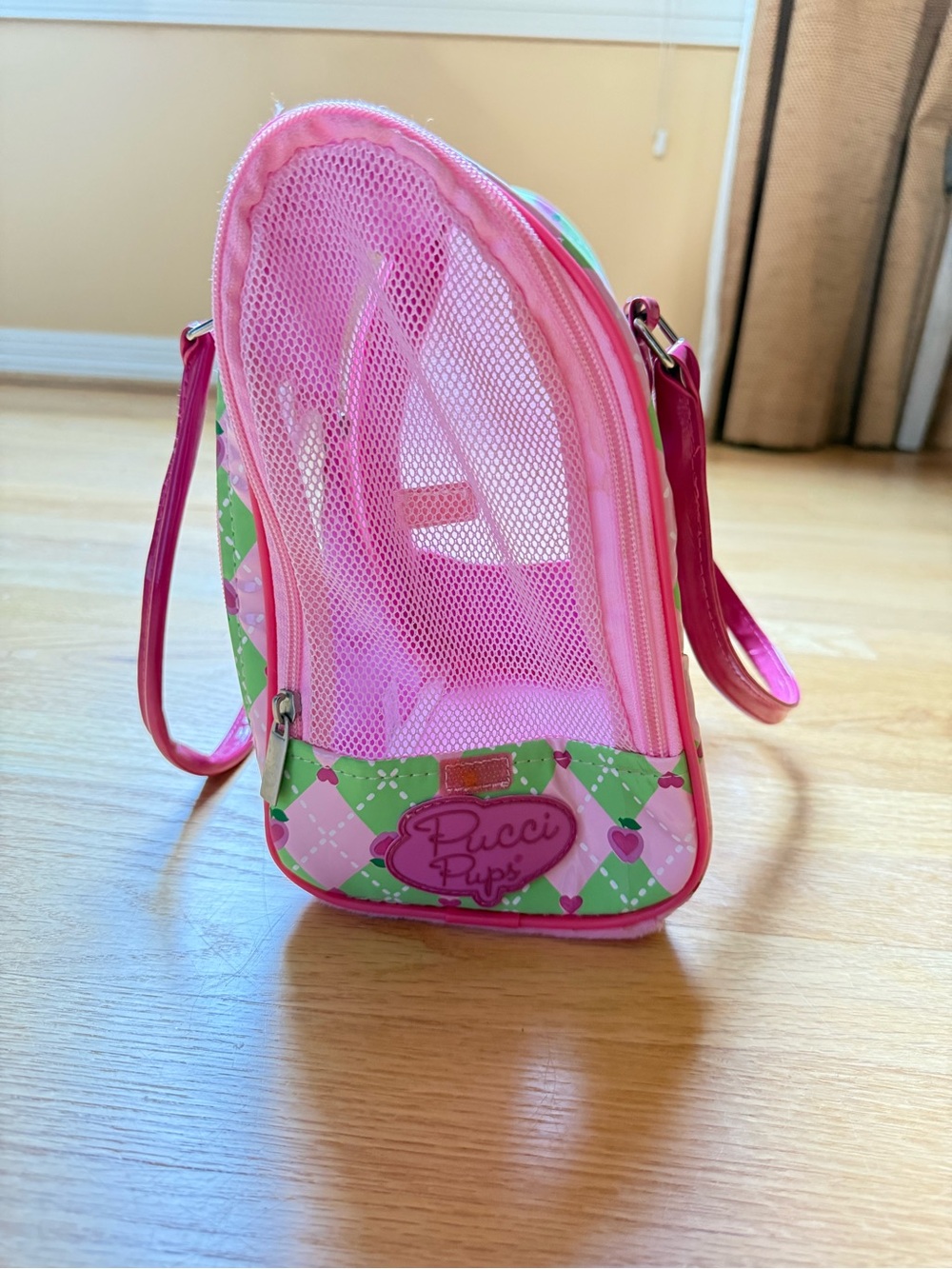 Pink & Green Heart Pattern toy pet carrier tote or purse. - Picture 3 of 7
